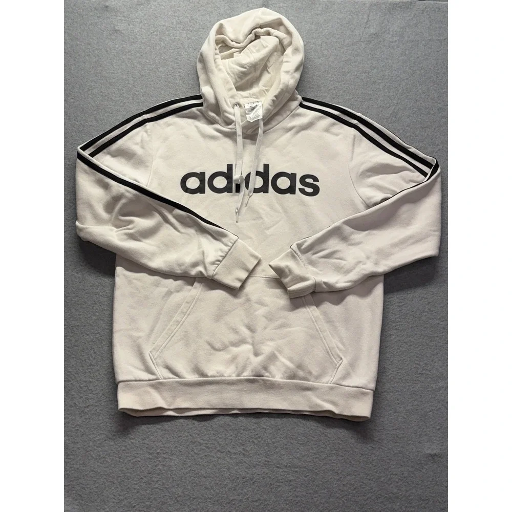 Adidas Essentials 3-Stripes Hoodie Mens Medium White Black Pullover Sweatshirt